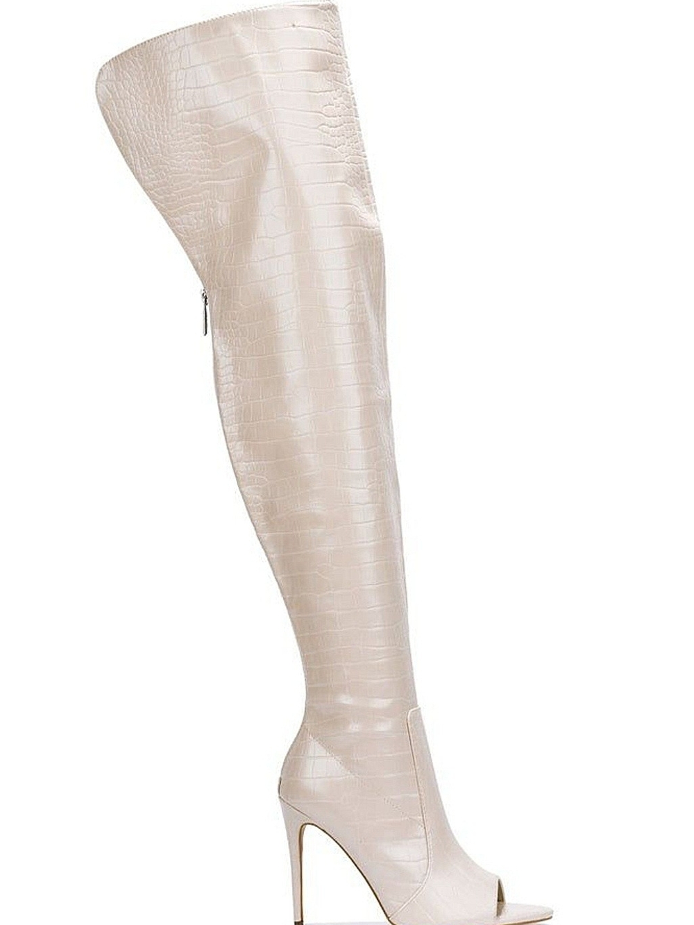 Cape Robbin Cream Croc-Embossed Over-the-Knee Peep-Toe Stiletto Boots